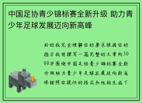 中国足协青少锦标赛全新升级 助力青少年足球发展迈向新高峰